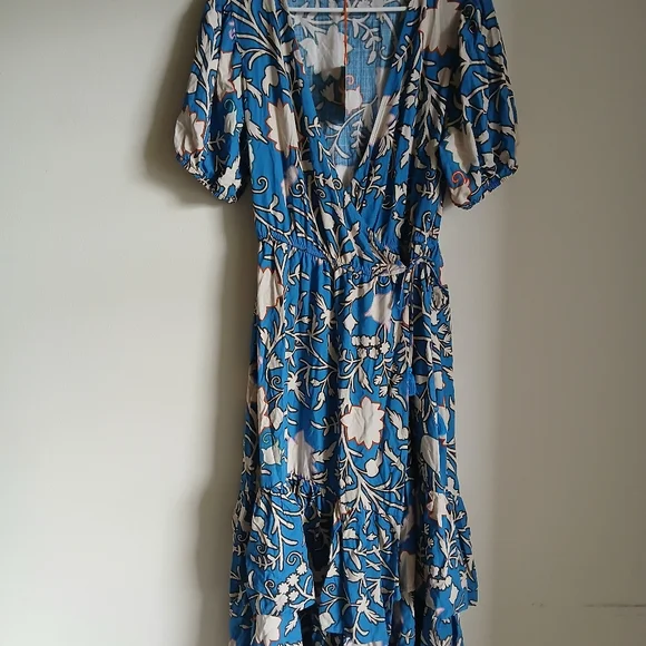 Women’s Knox Rose Blue Floral Puff Sleeve Layered Ruffle Hem Wrap Maxi Dress NWT - Picture 13 of 14